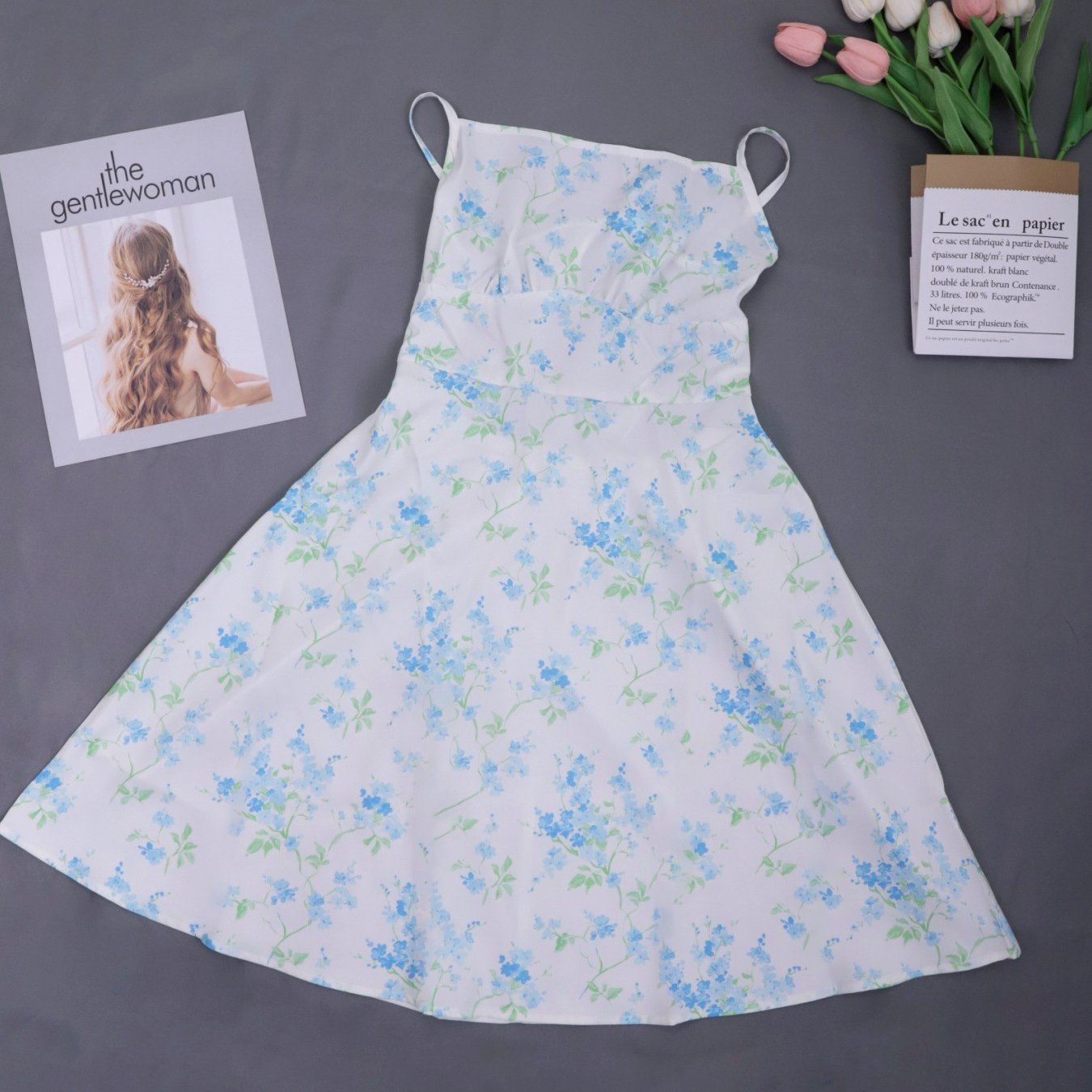 Serafina Summer Dress in White — floral midi with spaghetti straps