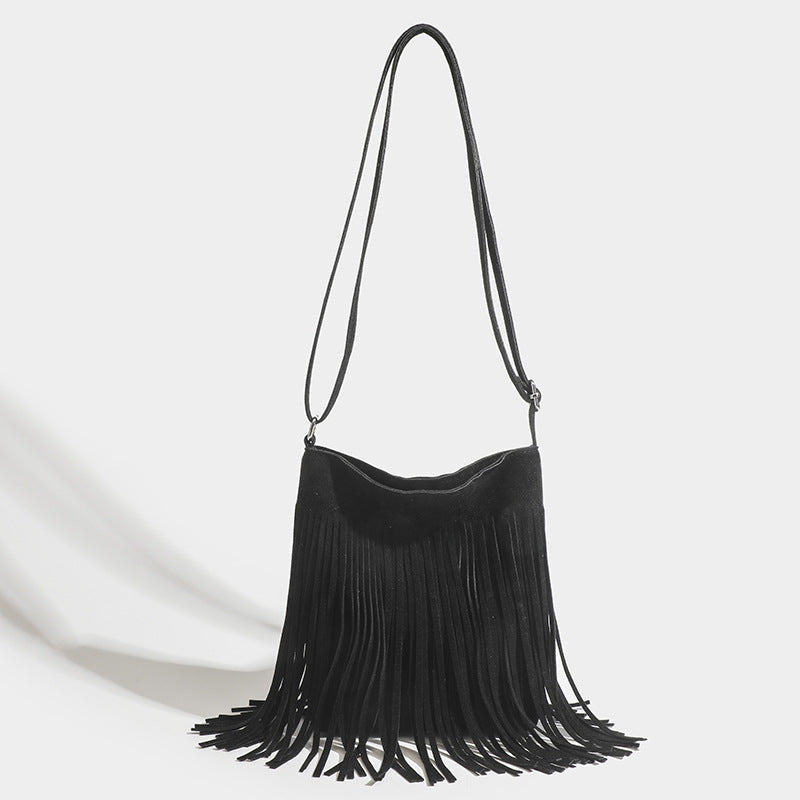 Chiara Fringe Bag in Black — suede fringe crossbody bag