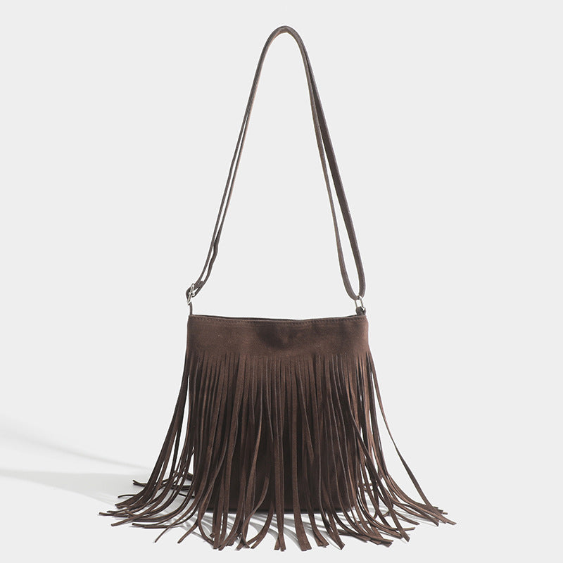 Chiara Fringe Bag in Dark Brown — suede fringe crossbody bag