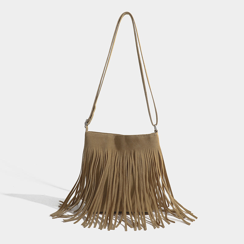 Chiara Fringe Bag in Khaki — suede fringe crossbody bag