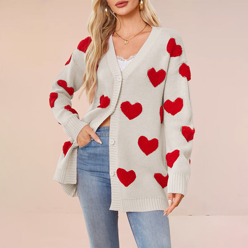Mira Heart Cardigan in Red — soft plush knit with fuzzy heart appliqués