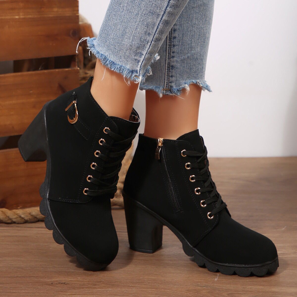 Cara Platform Boots in Black — side profile showing the platform block heel