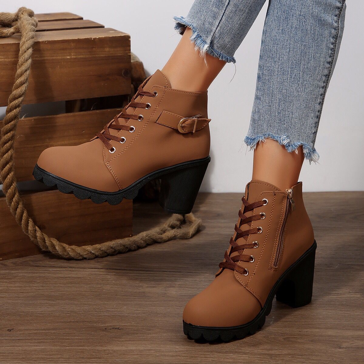 Cara Platform Boots in Light Brown — worn with jeans, showing the lace-up front