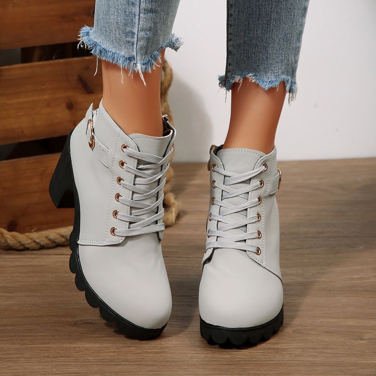 Cara Platform Boots in Light Gray — side profile showing the platform block heel
