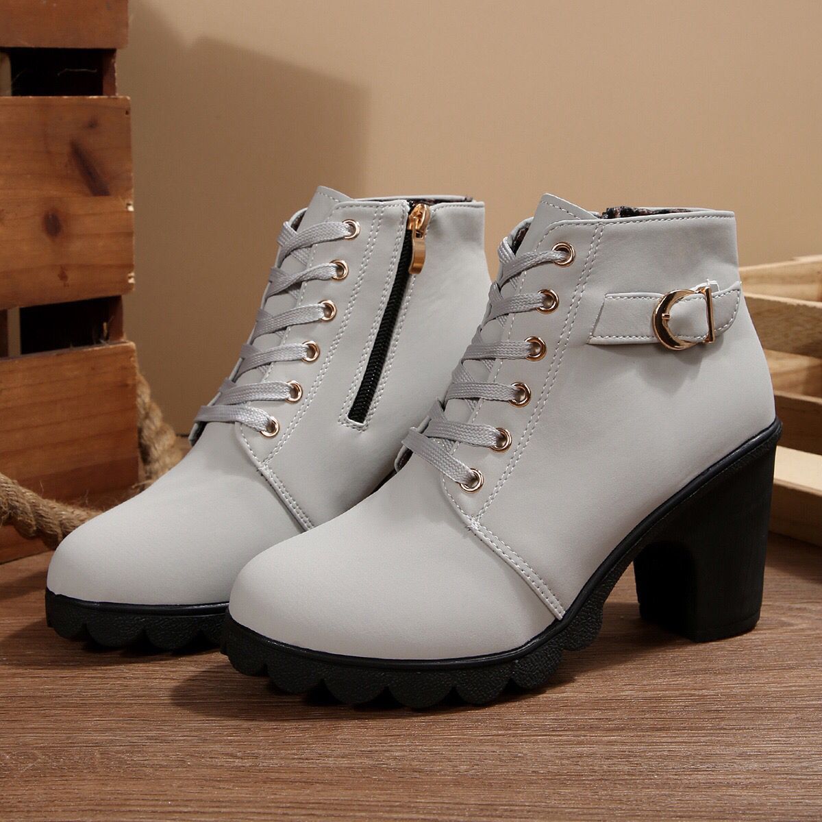 Cara Platform Boots in Light Gray — front view of the suede lace-up upper