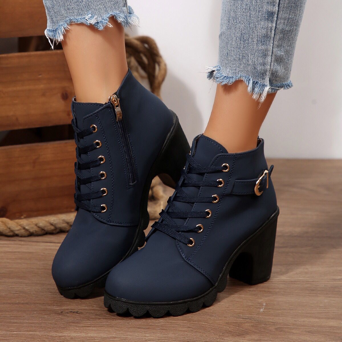 Cara Platform Boots in Navy Blue — side profile showing the platform block heel