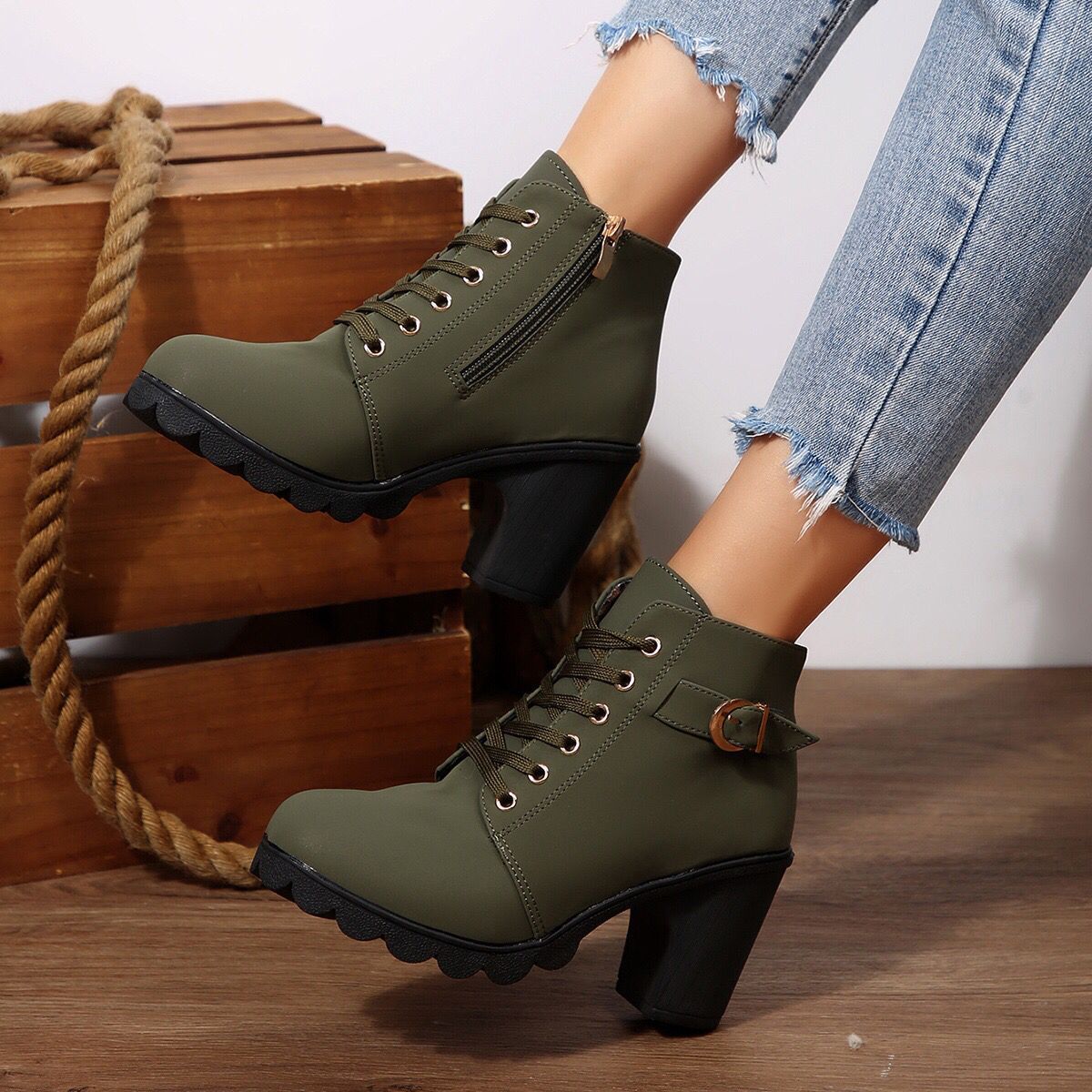 Cara Platform Boots in Olive Green — side profile showing the platform block heel