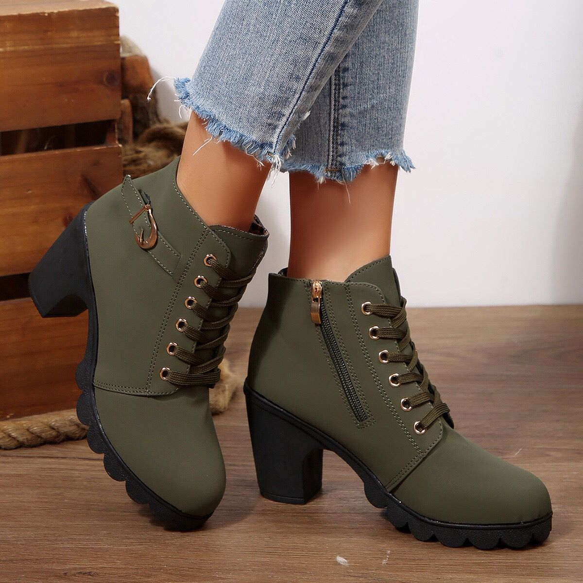 Cara Platform Boots in Olive Green — front view of the suede lace-up upper