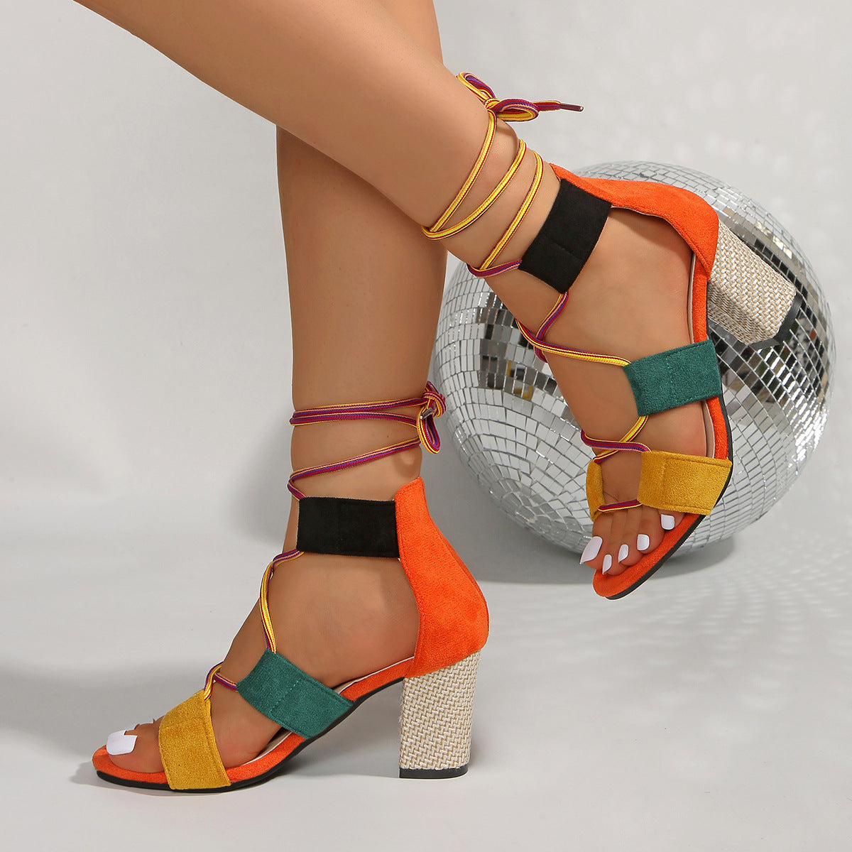 Bianca Suede Heels in Orange — colorblock lace-up suede block heel sandal