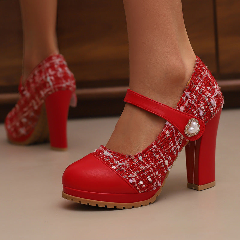 Nora Platform Heels in Red — worn side view