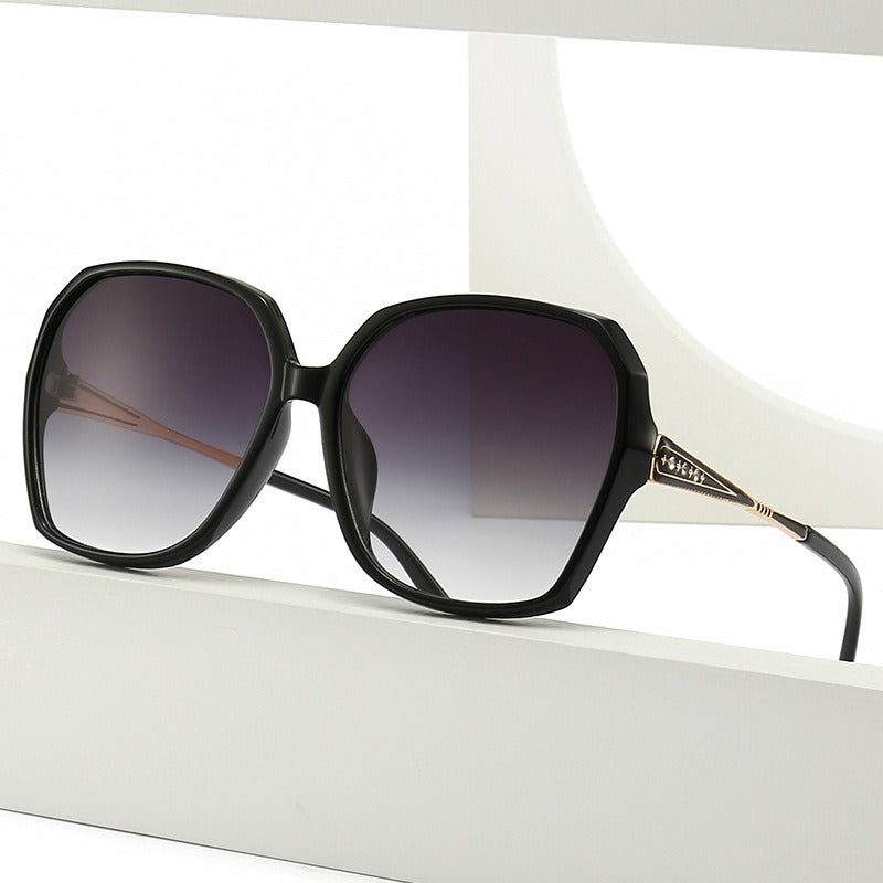 Penelope Sunglasses in Black — Women's oversized hex acetate sunglasses with rose-gold temple detail