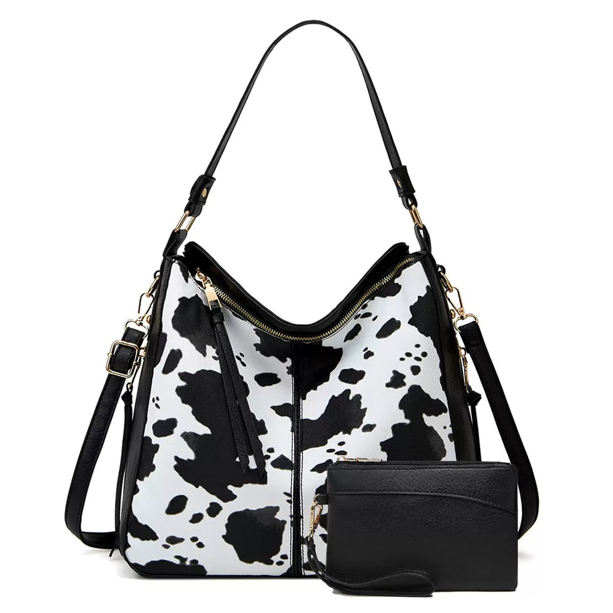 Ivy Shoulder Bag Set in Black — two-piece animal-print hobo bag with matching wristlet