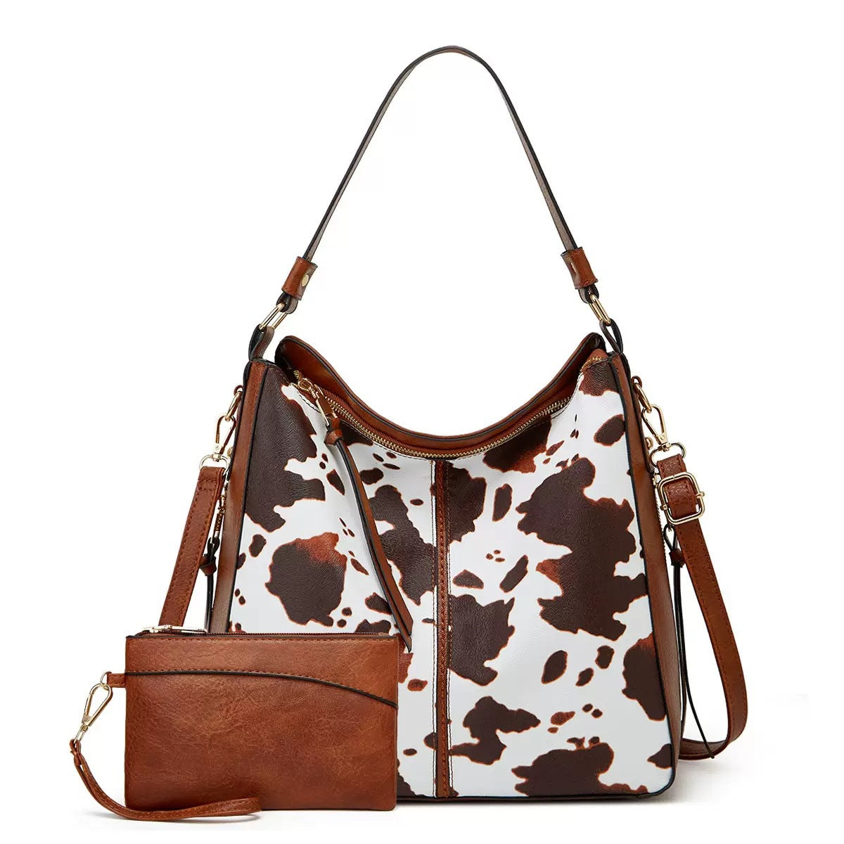 Ivy Shoulder Bag Set in Brown — two-piece animal-print hobo bag with matching wristlet
