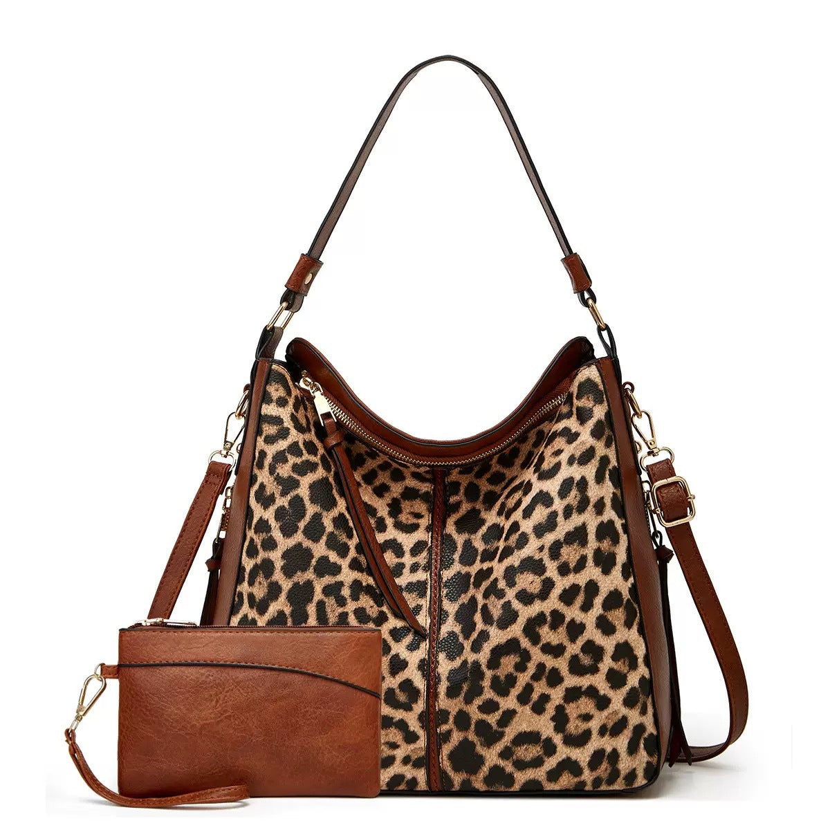 Ivy Shoulder Bag Set in Leopard — two-piece animal-print hobo bag with matching wristlet