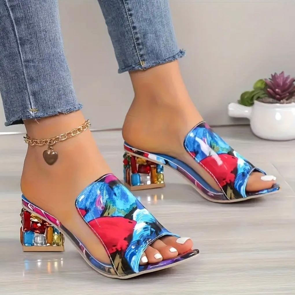 Lucia Gemstone Heels in Blue — jeweled clear block heel mule