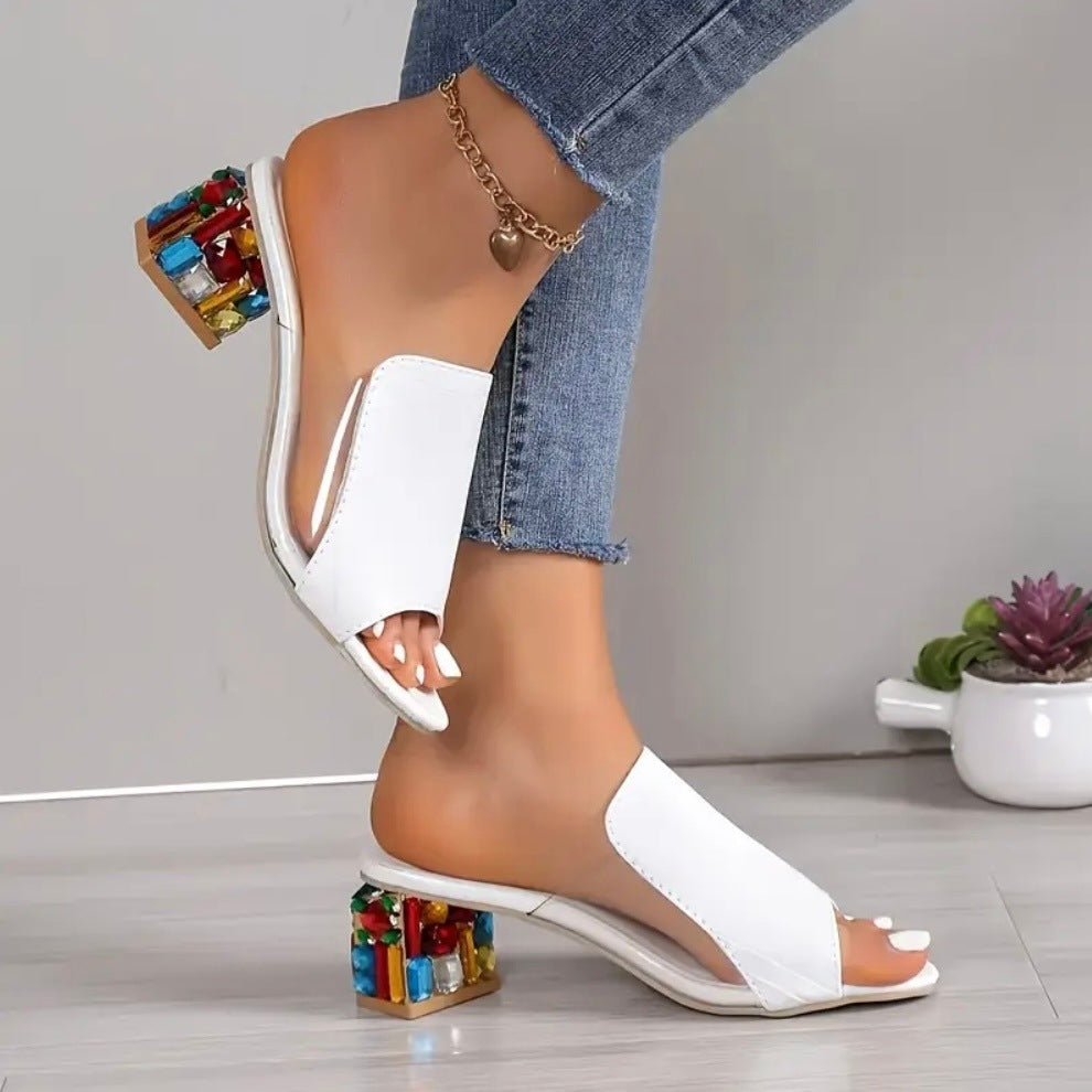 Lucia Gemstone Heels in White on model — jeweled clear block heel mule