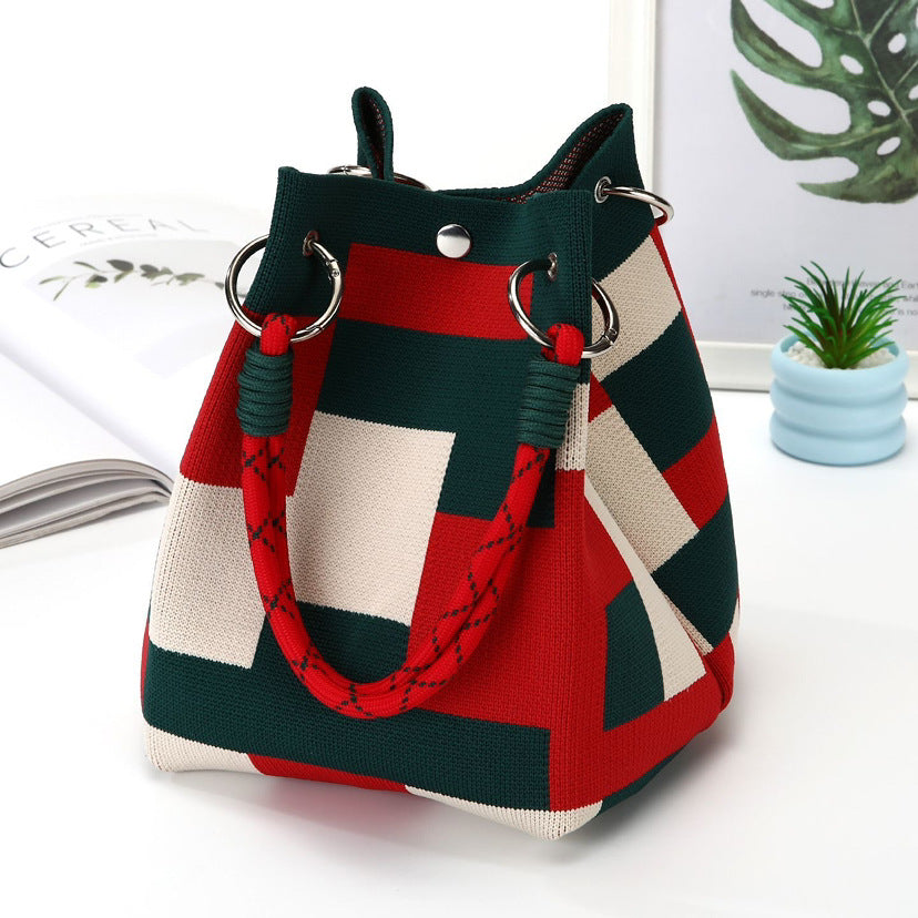 Gia Knit Bag in Green — colorblock knit bucket bag with rope handles
