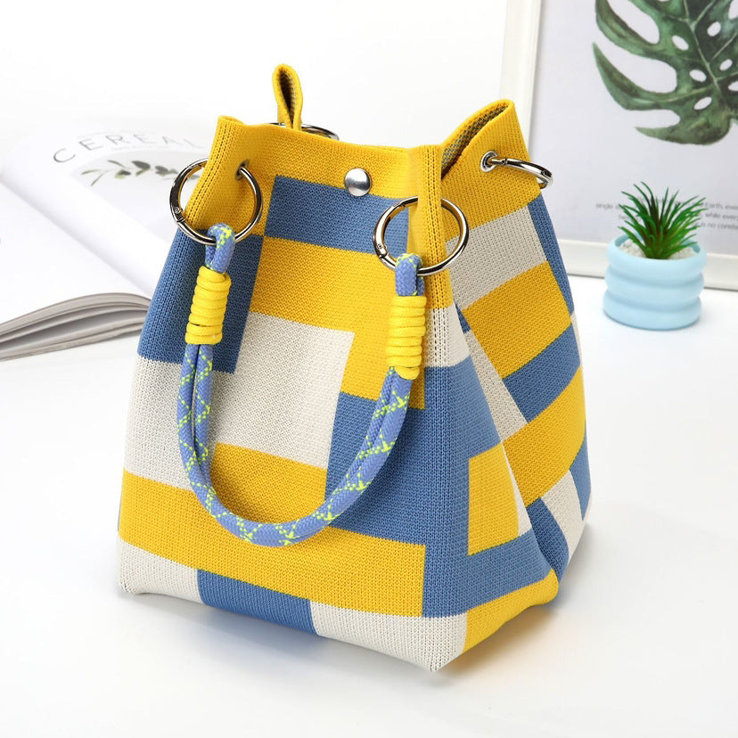Gia Knit Bag in Yellow — colorblock knit bucket bag with rope handles
