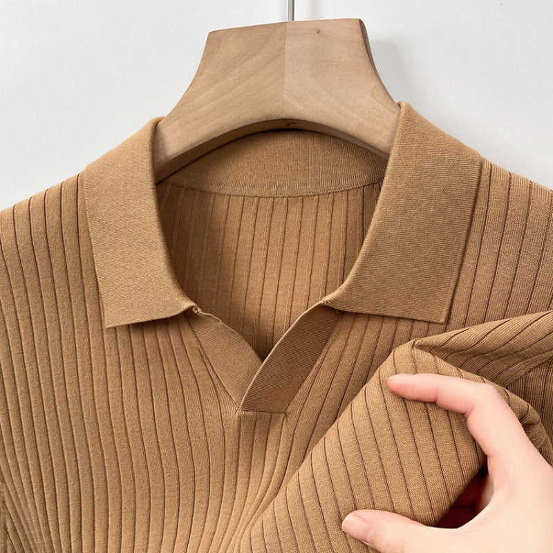 Calder Ribbed Polo in Light Brown — textured knit V-neck polo shirt