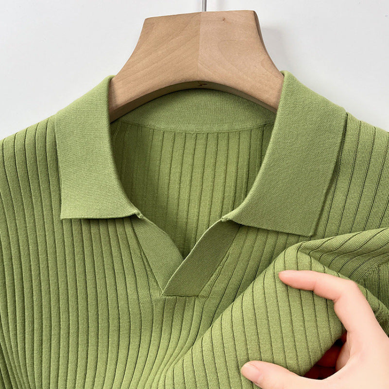 Calder Ribbed Polo in Sage — textured knit V-neck polo shirt
