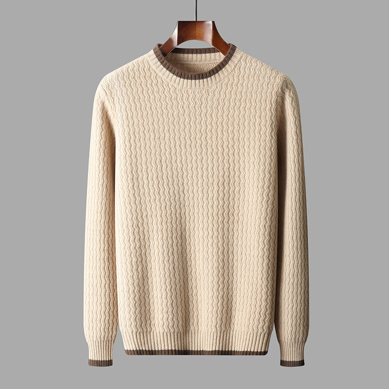 Hudson Knit Sweater in Beige — front view with contrast-tipped trim