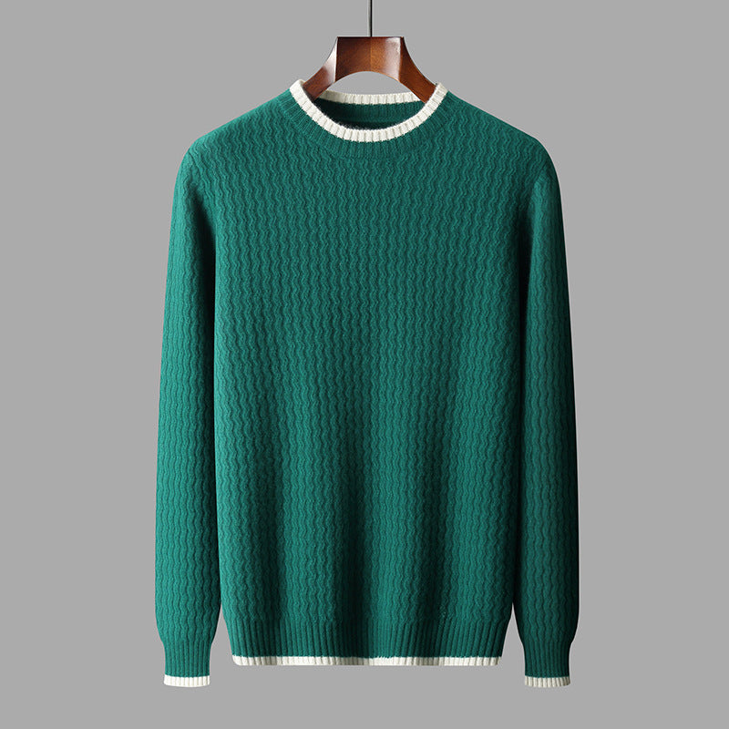 Hudson Knit Sweater in Dark Green — front view with contrast-tipped trim