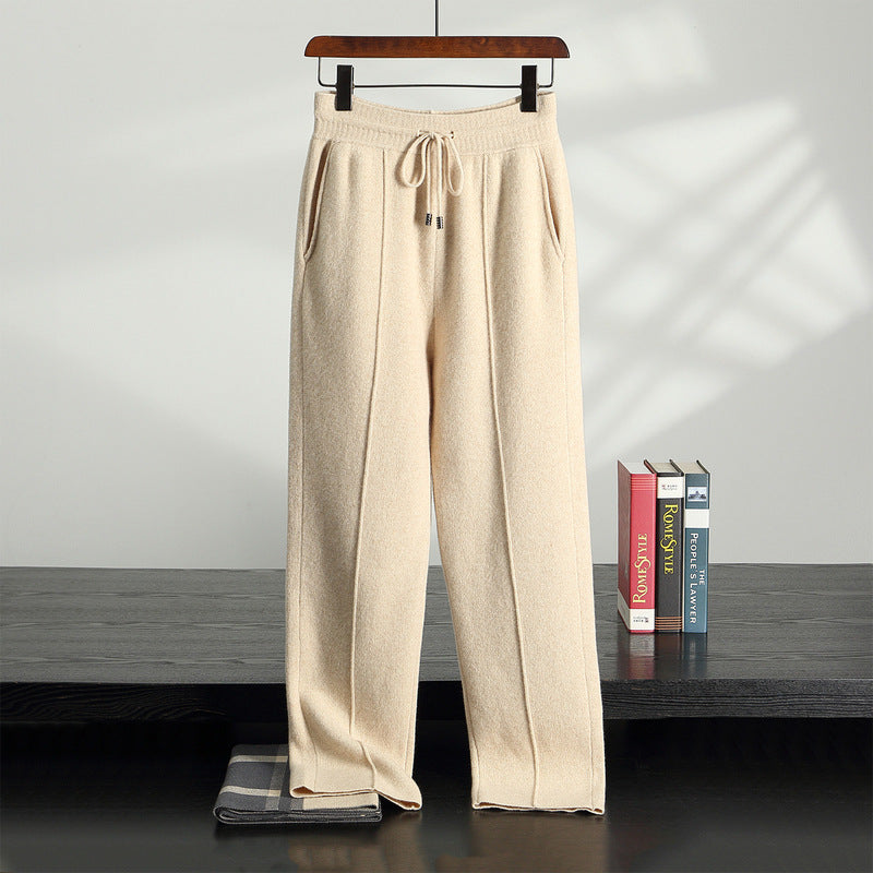 Margot Cashmere Trousers in Beige — knit wide-leg trousers with ribbed drawstring waist
