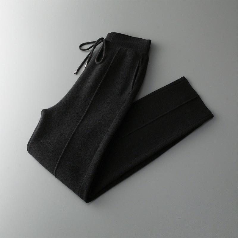 Margot Cashmere Trousers in Black — folded knit wide-leg trousers with drawstring