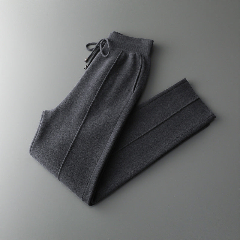 Margot Cashmere Trousers in Dark Gray — close detail of the soft knit and pintuck seam