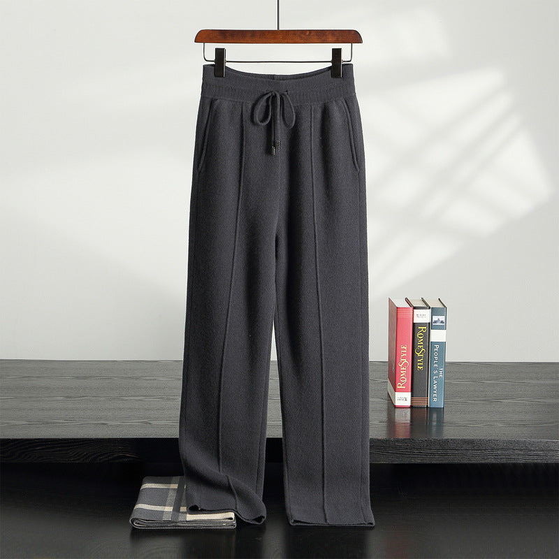 Margot Cashmere Trousers in Dark Gray — drawstring waist knit wide-leg pants
