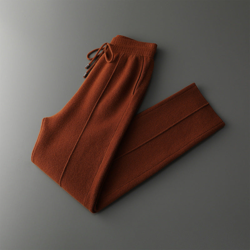 Margot Cashmere Trousers in Dark Orange — folded knit trousers with pintuck crease