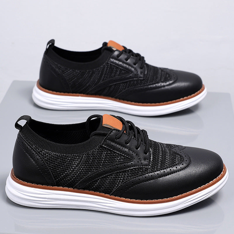 Elio Brogue Sneakers in Black — men's knit-and-leather brogue dress sneaker, angled view