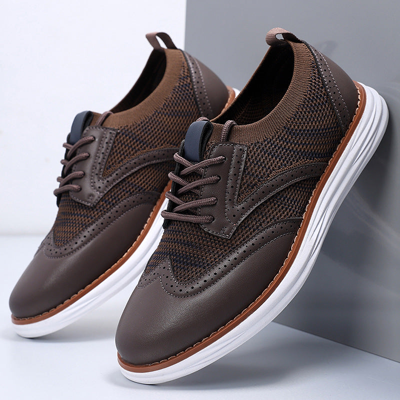 Elio Brogue Sneakers in Brown — men's knit-and-leather brogue dress sneaker, angled view