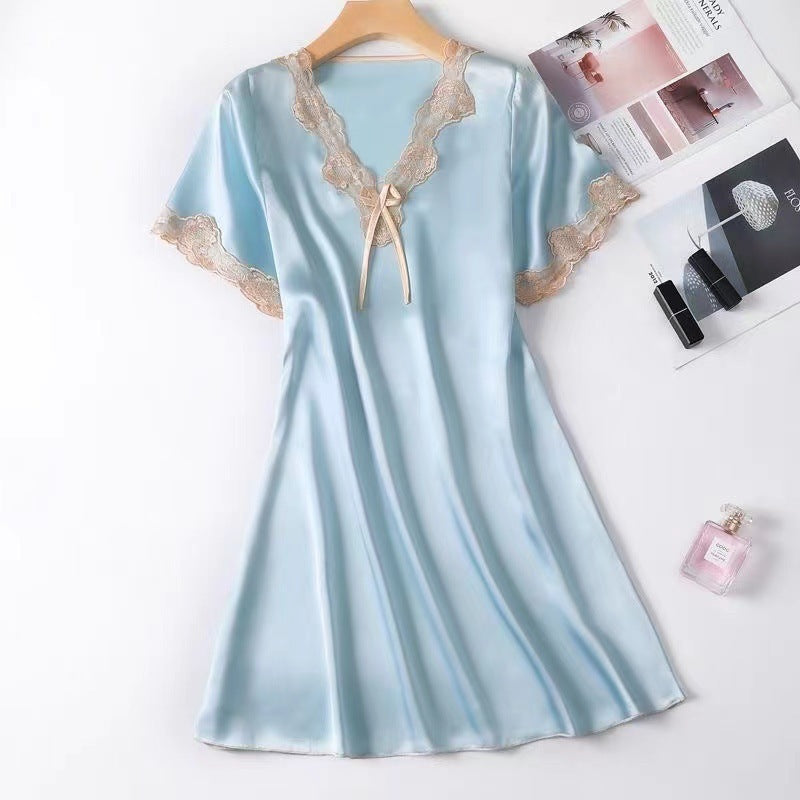 Selina Satin Nightgown in Light Blue — silky satin lace-trim nightgown with bow