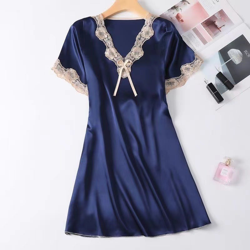 Selina Satin Nightgown in Navy Blue — silky satin lace-trim nightgown with bow