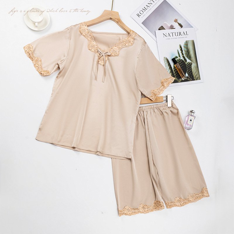 Talia Pajama Set in Beige — silky satin lace-trim short set