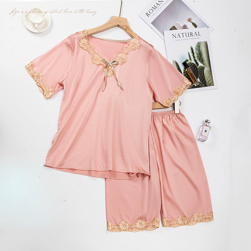 Talia Pajama Set in Pink — silky satin lace-trim short set