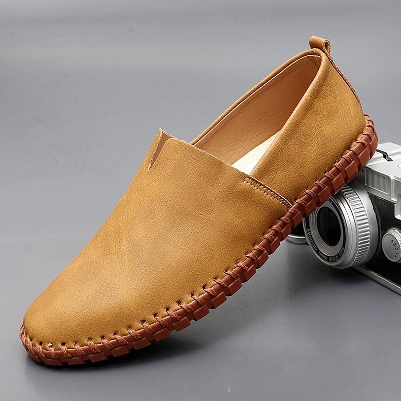 Cesare Leather Espadrilles in Light Brown — soft leather slip-on with reinforced stitching