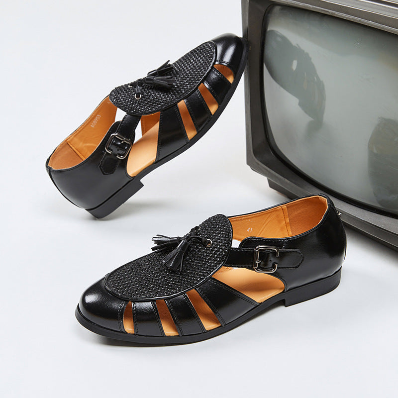 Vince Leather Sandals in Brown — leather fisherman sandal with woven tassel vamp