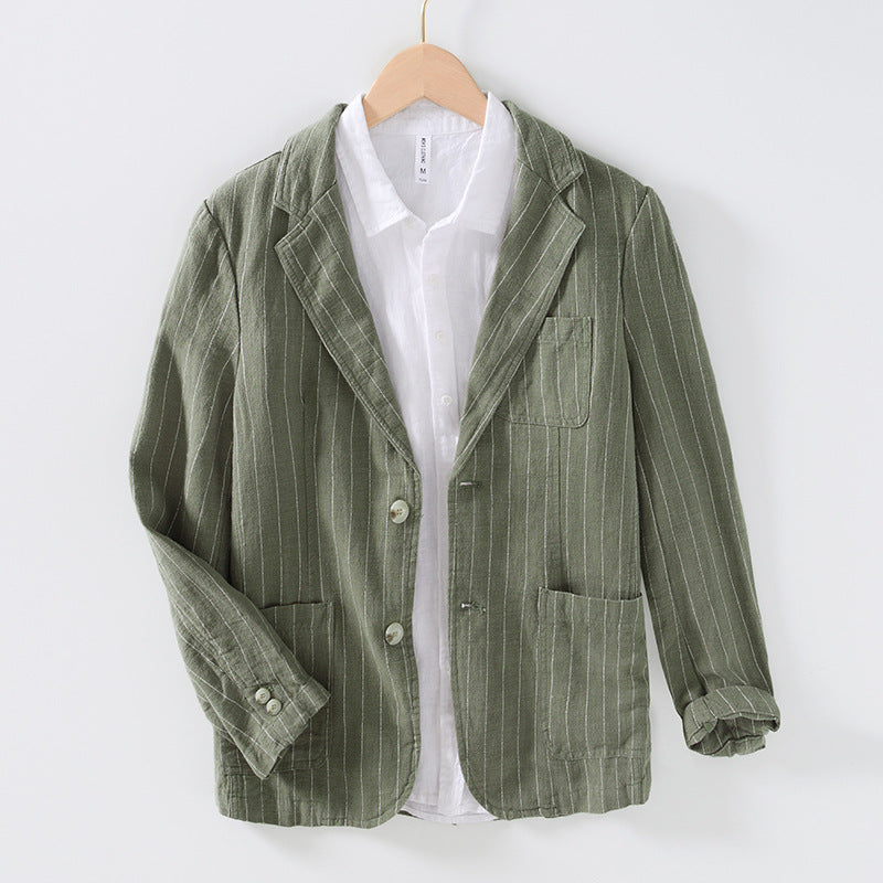 Alessio Linen Jacket in Green — men's pinstripe linen blazer
