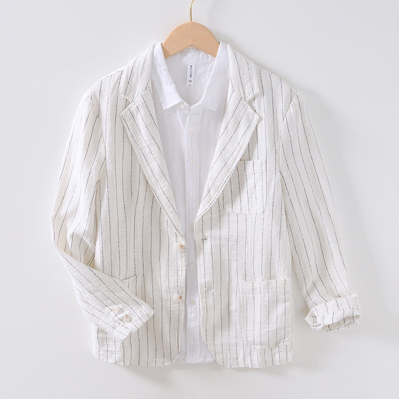 Alessio Linen Jacket in White — men's pinstripe linen blazer