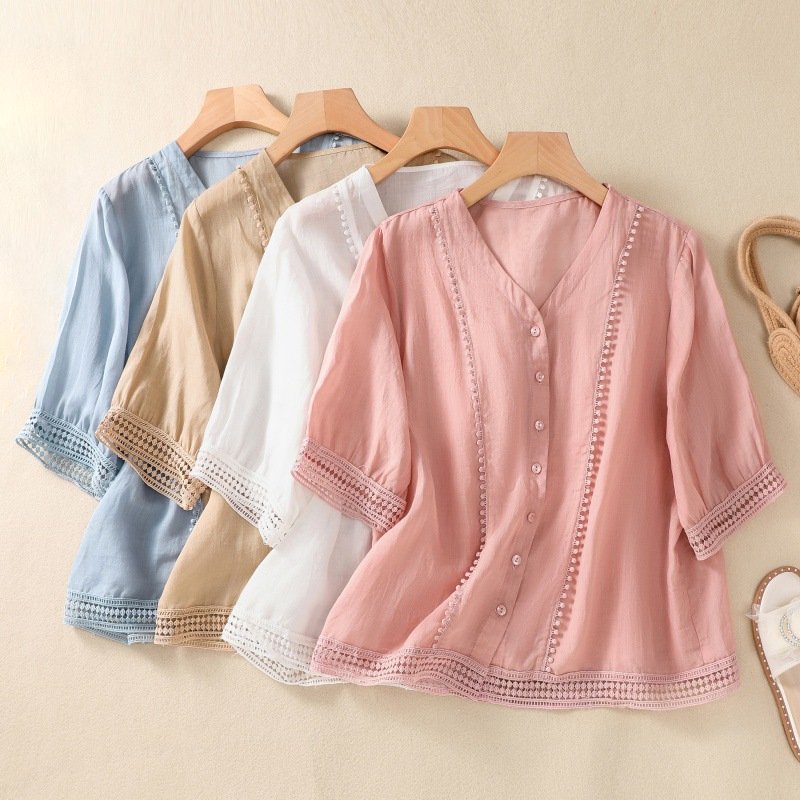 Marguerite Linen Blouse — all four colors of women's V-neck crochet-trim linen blouse