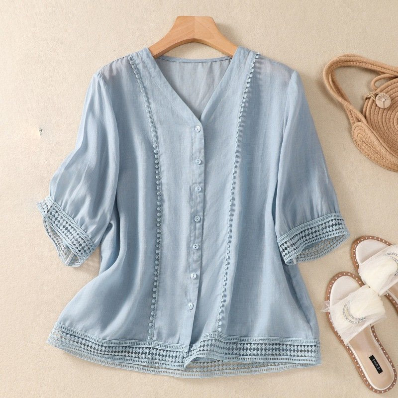 Marguerite Linen Blouse in Light Blue — Women's V-neck crochet-trim linen blouse