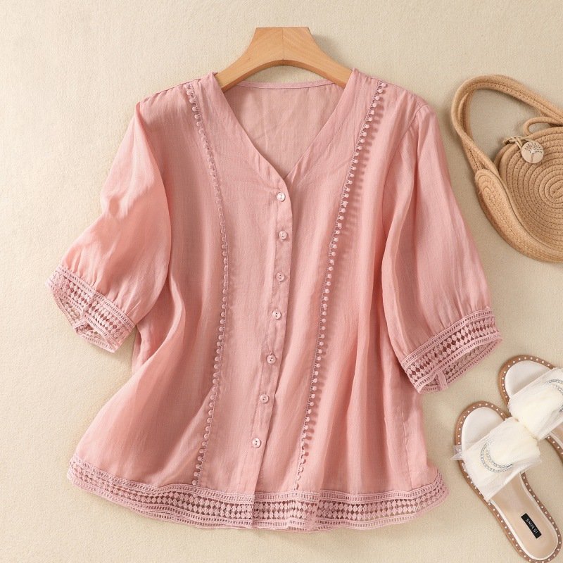 Marguerite Linen Blouse in Pink — Women's V-neck crochet-trim linen blouse