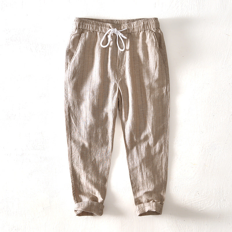 Fabio Linen Joggers in Beige — striped tapered linen jogger
