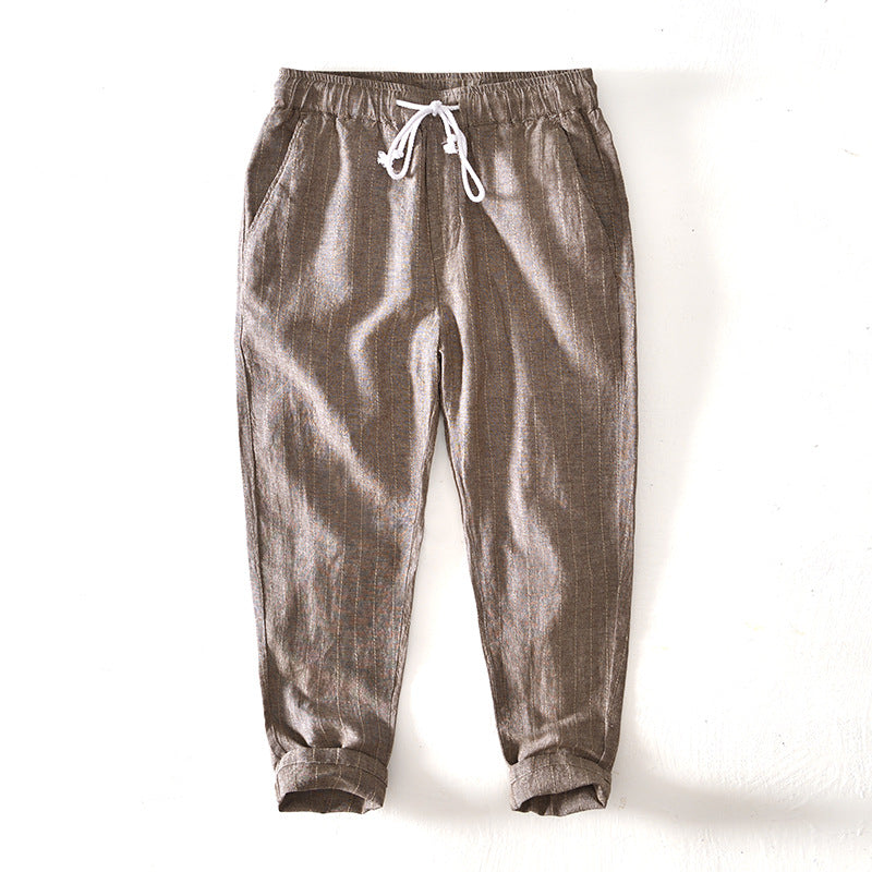 Fabio Linen Joggers in Brown — striped tapered linen jogger