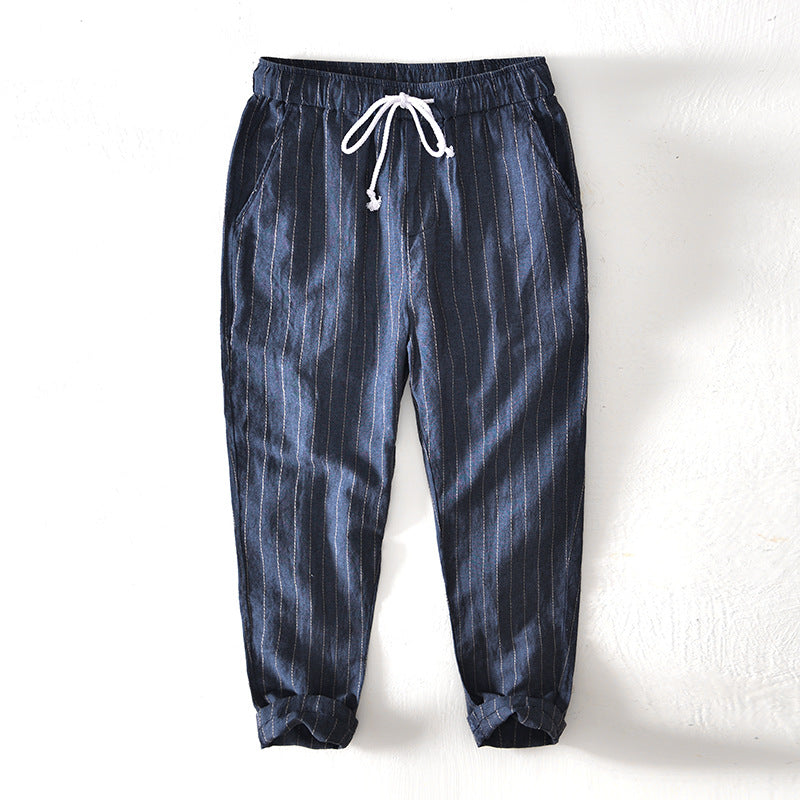 Fabio Linen Joggers in Navy Blue — striped tapered linen jogger