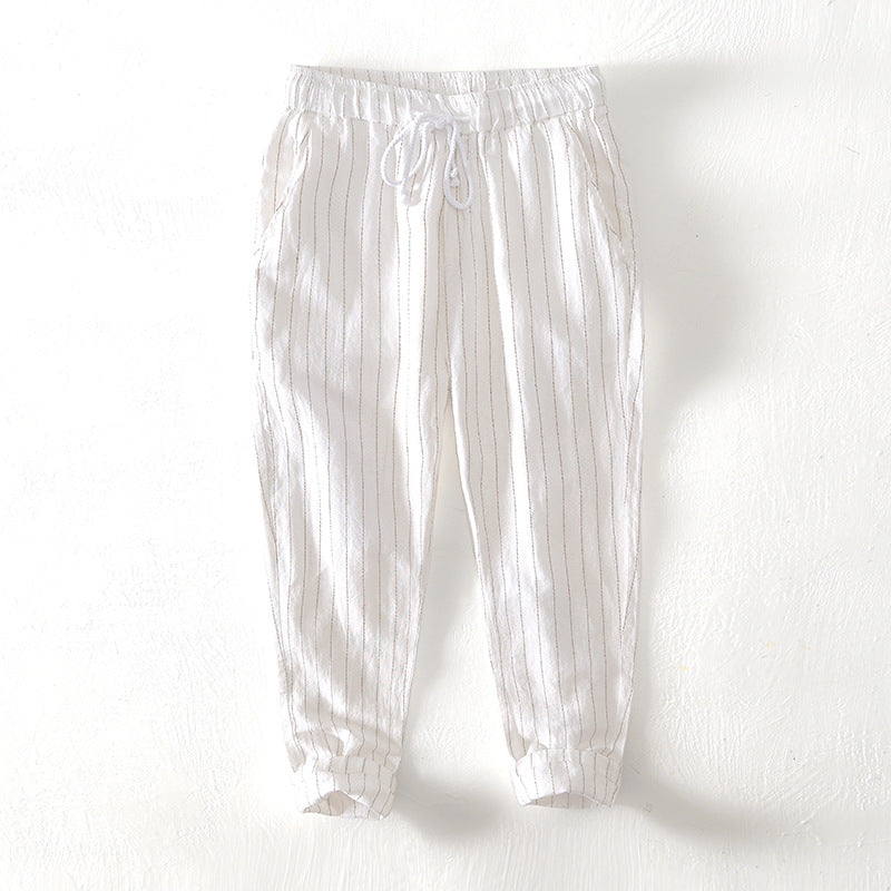 Fabio Linen Joggers in White — striped tapered linen jogger
