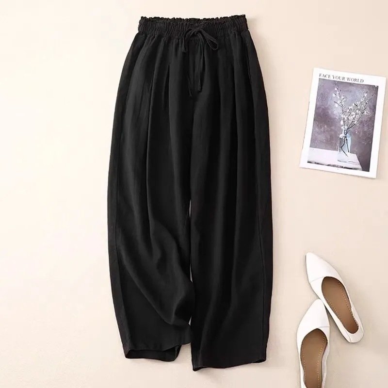 Eleonora Linen Pants in Black — Women's wide-leg drawstring linen pants