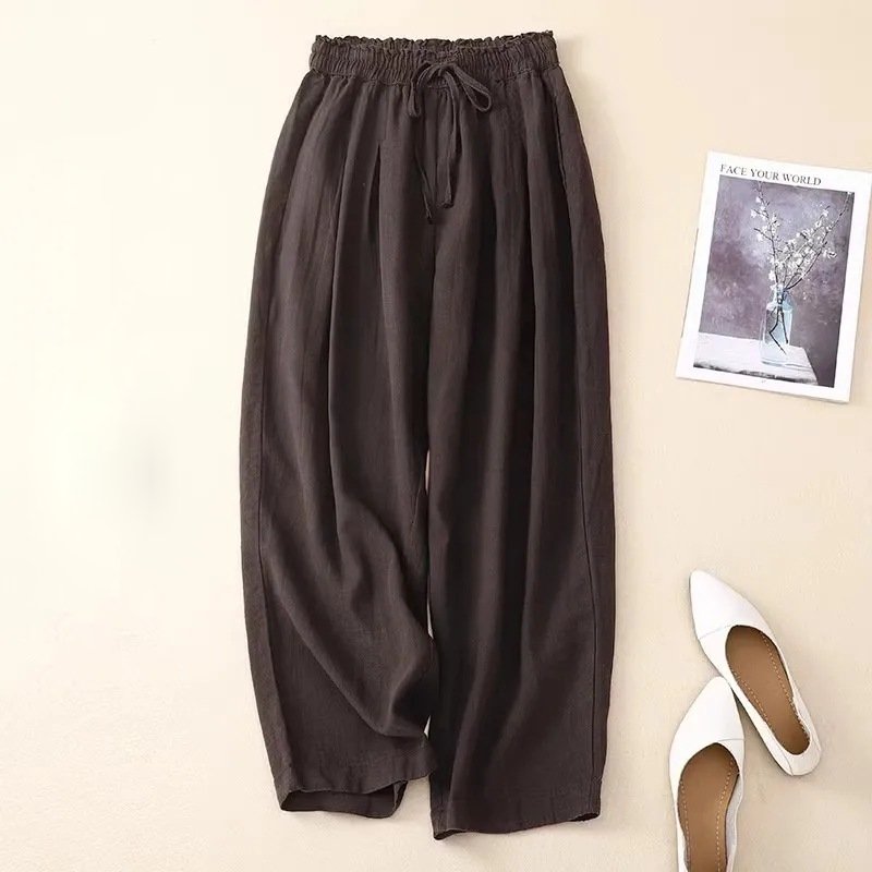 Eleonora Linen Pants in Dark Brown — Women's wide-leg drawstring linen pants